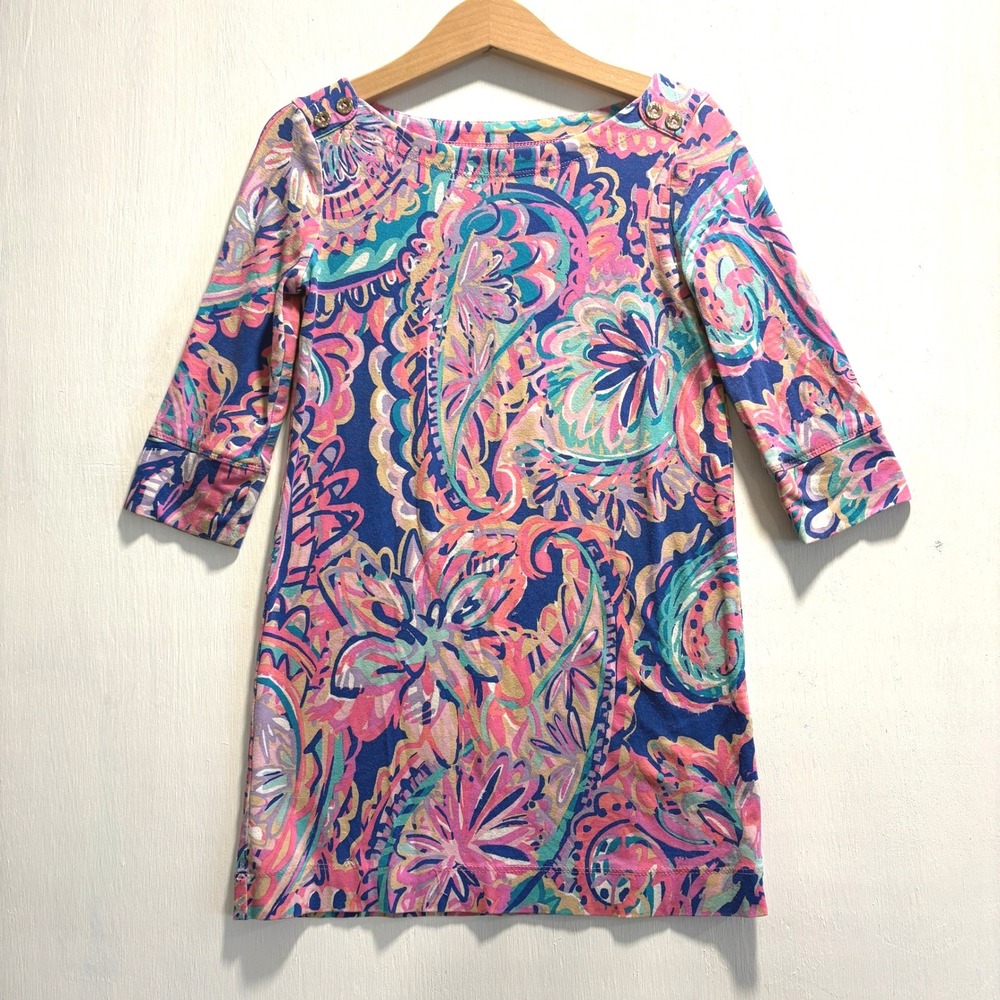 Lilly Pulitzer Girls Pink Blue Paisley Boat Neck Button Dress 26519 Size S 4-5